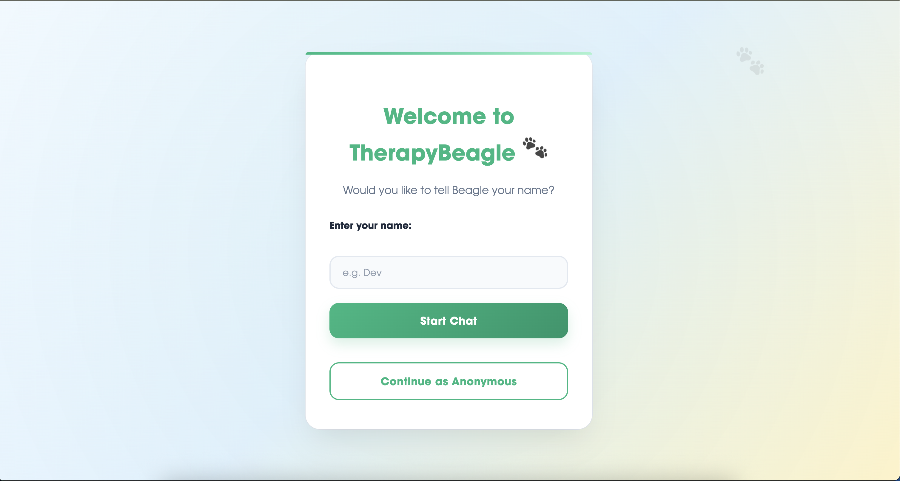 Therapy Beagle welcome screen with name entry and anonymous option
